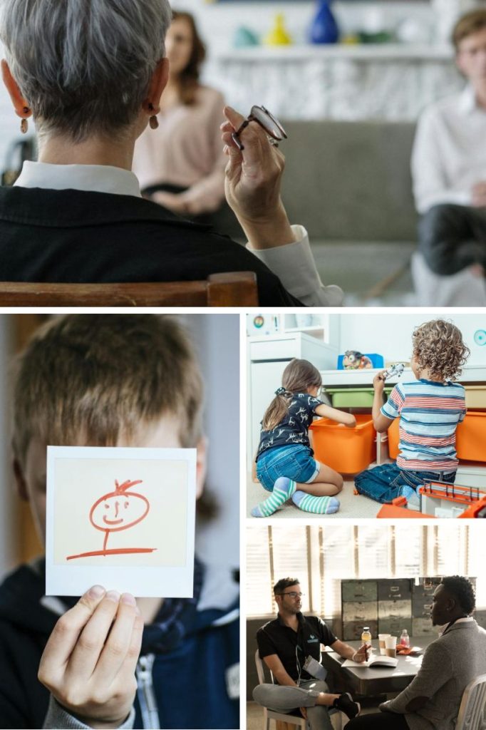 adults in counselling session and children in play therapy