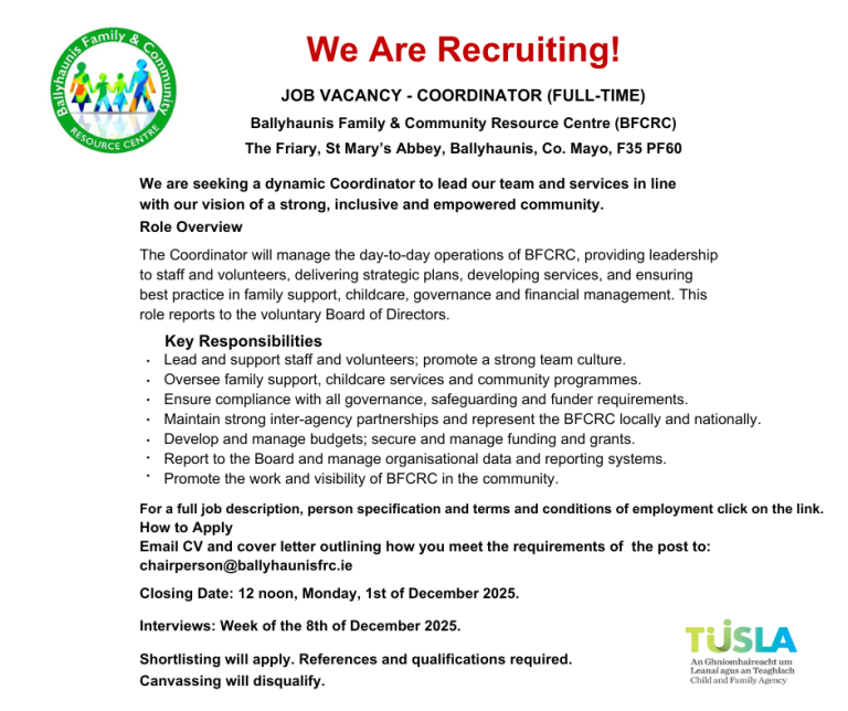 Recruitment Advert for full time post of Coordinator for the Family Resource Centre